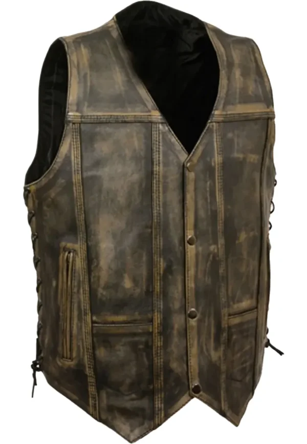 Men's Side Lace Distressed Brown Leather Motorcycle Vest